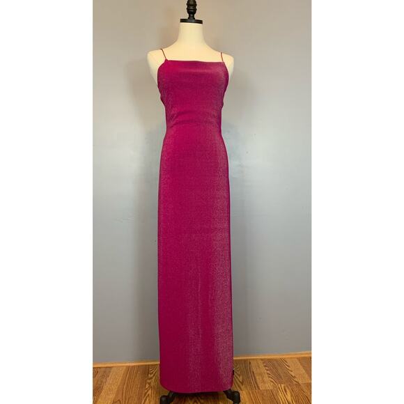 Vtg 90s Y2K City Triangles Open Back Strappy Hot Pink Metallic Bodycon Dress Med - Picture 9 of 17